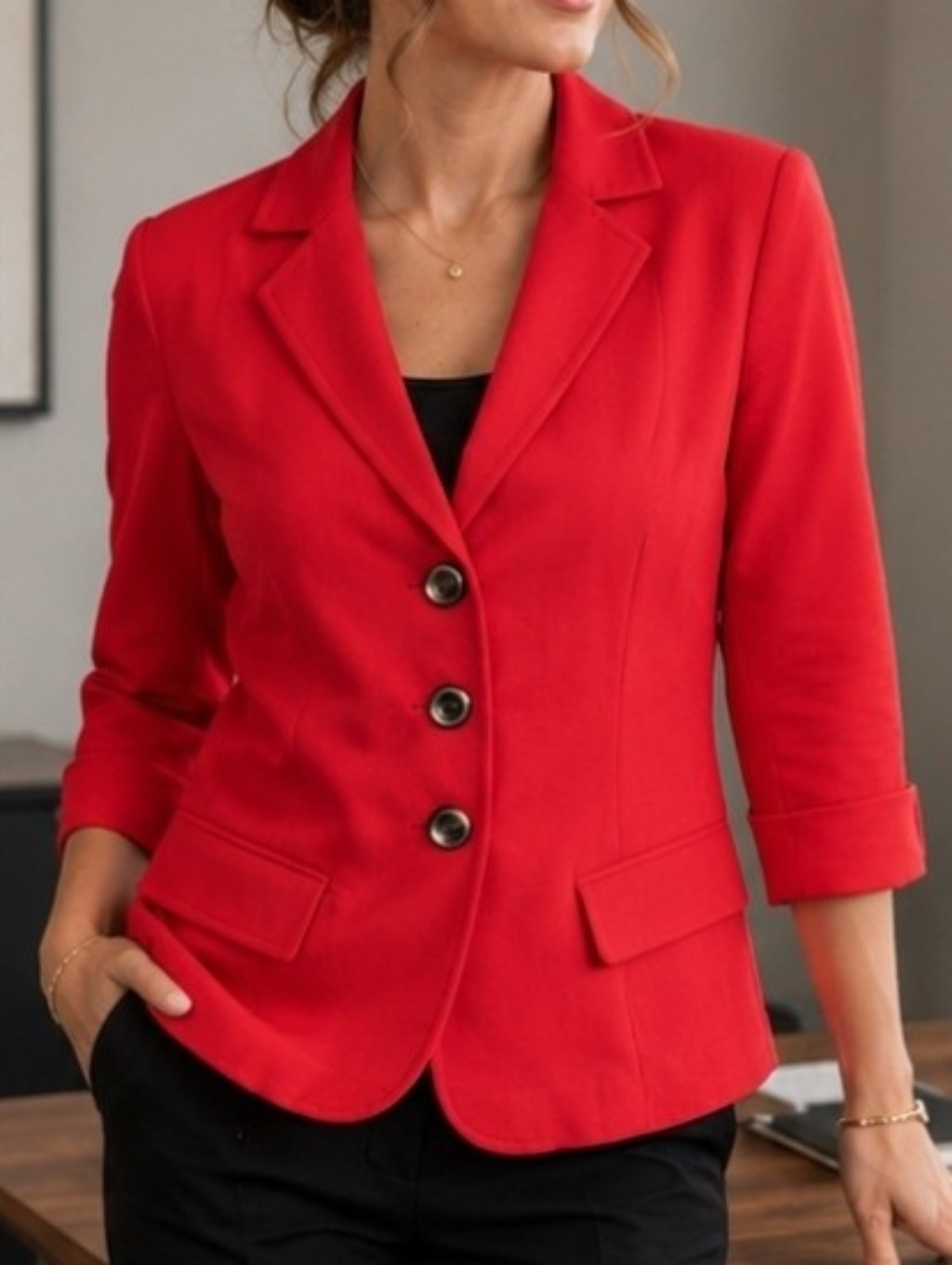 Gallia Moda Red Button Front Dress Blazer 3/4 Sleeve Darted Flattering Fit Sz 4